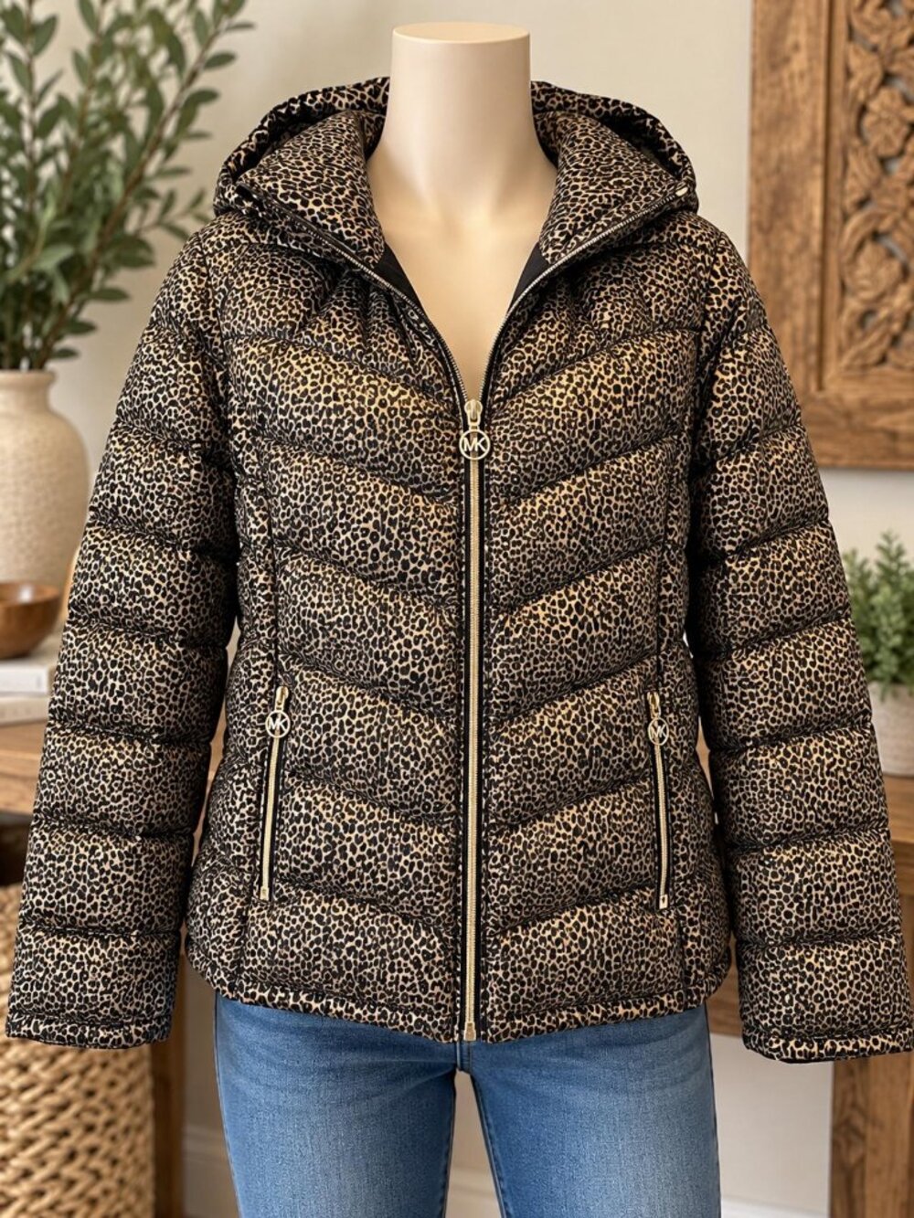 Michael Kors Leopard Packable Down Hooded Puffer Jacket M Gold Hardware